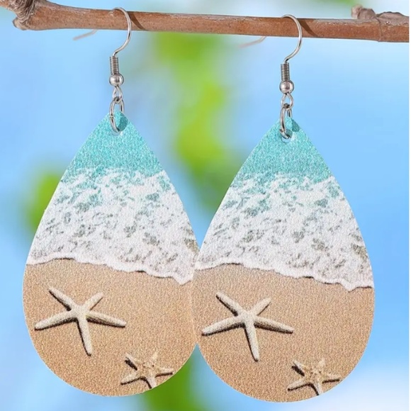NEW FAUX LEATHER BEACH OCEAN SAND SEASHELLS DANGLE DROP LIGHTWEIGHT EARRINGS - Picture 4 of 6